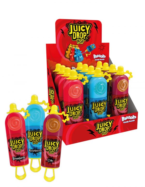 JUICY DROP POP STRAWBERRY AND BLACK CURRANT 26G مصاصات حلوى صلبة جوسي دروب بوب بنكهات متنوعة من بازوكا